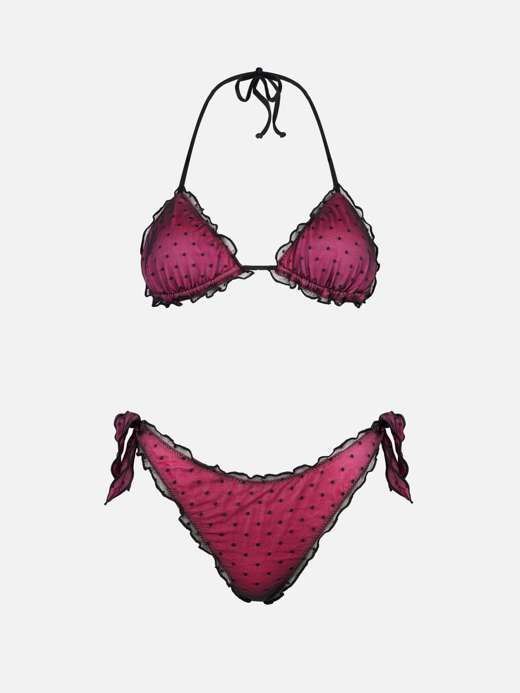 Glänzender fuchsiafarbener Bikini mit schwarzem Tüll mit weißen Punkten