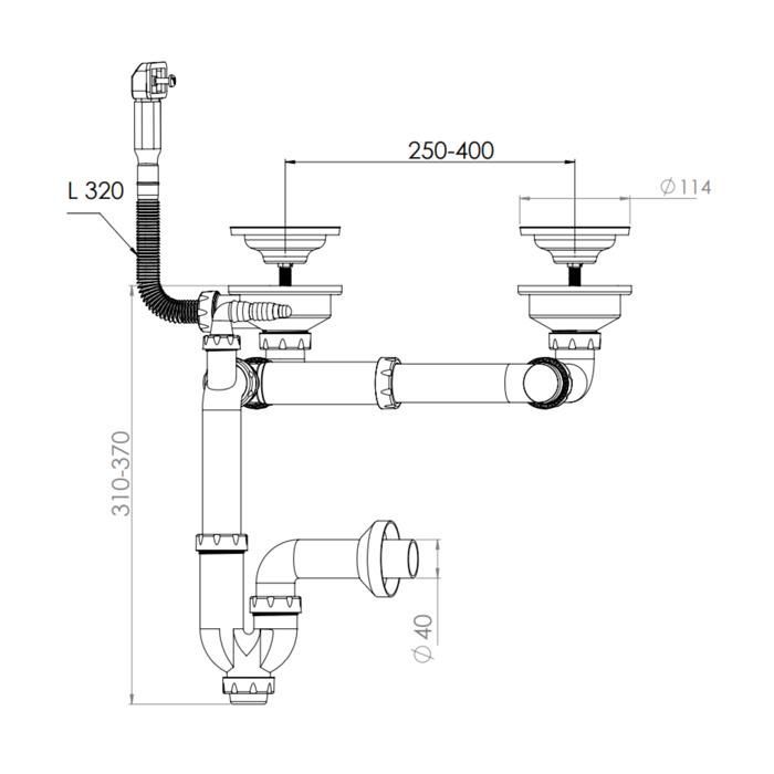 Kit de desagüe CUIPD663-A para fregadero de acero inoxidable NINO de 2 cubetas y 120 cm - Sifón que ahorra espacio