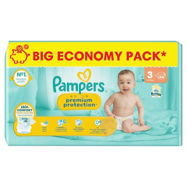 „Pampers Premium Protection“ sauskelnės, 3 dydis (6–10 kg), 64 vnt.