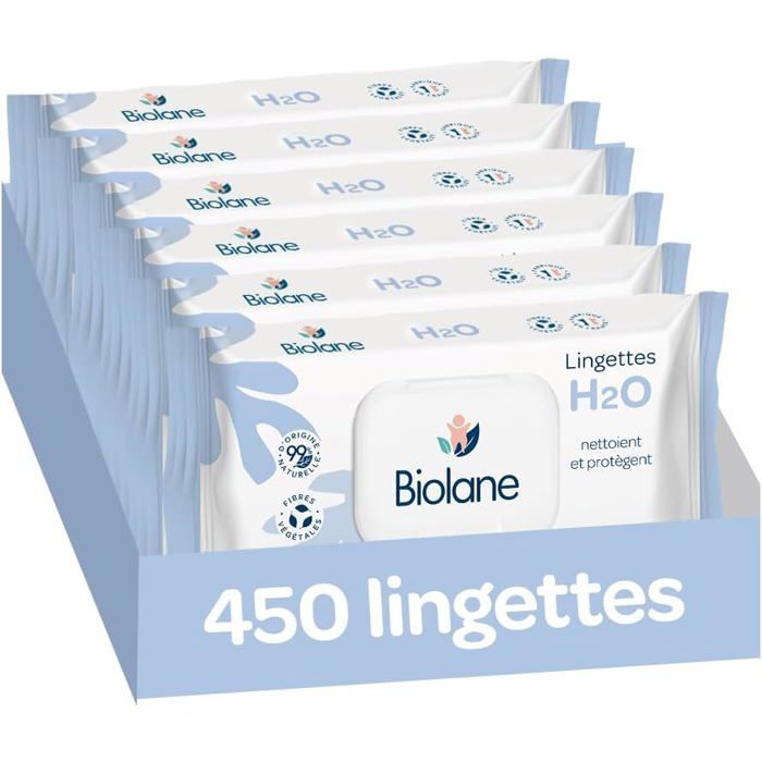 BIOLANE - Lingettes bébé à l'eau - 450 Lingettes - Lot de 6x75 - Nettoyage doux et efficace - Sans Rinçage