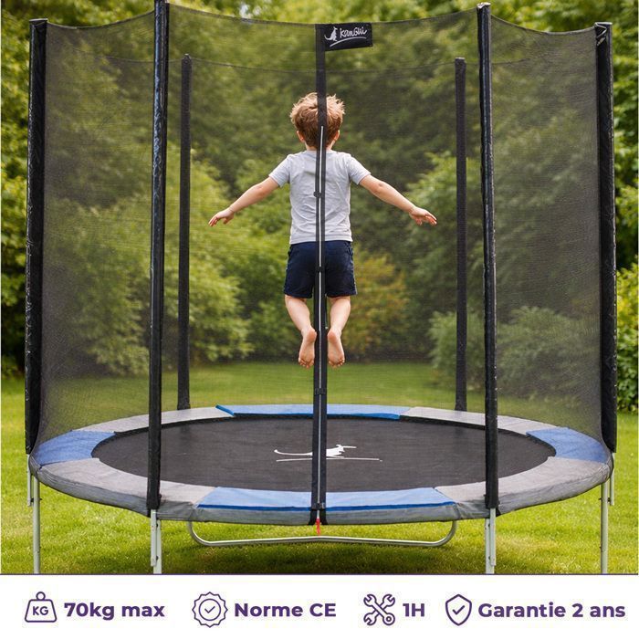 Trampoline KANGUI - RALLI Ø 244‑250 cm – Enfant – Filet de sécurité – Certification CE & NF EN 71-14