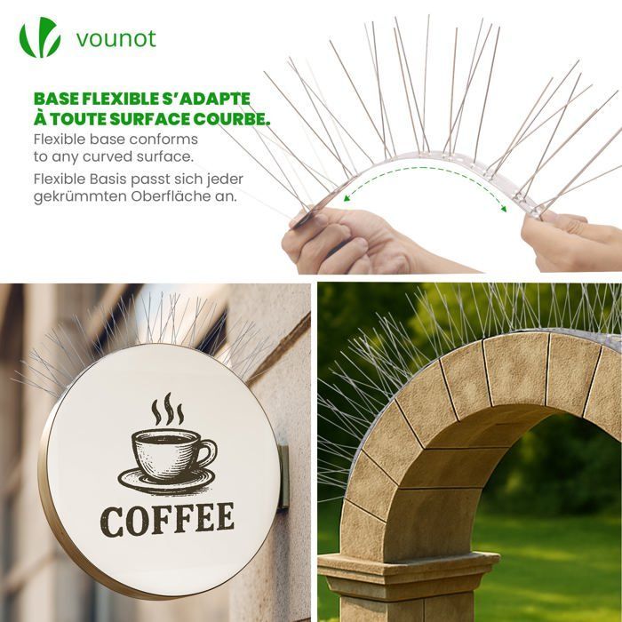 VOUNOT® Pinchos antipalomas 8,5 m - 25 cm x 34 unidades - Acero inoxidable - Pinchos para aves con bridas