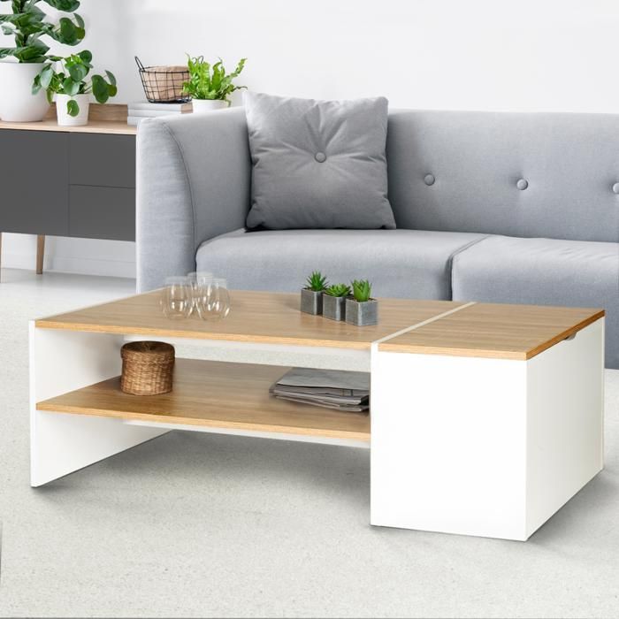 Mesa de centro rectangular contemporánea IDMARKET IZIA con compartimento de almacenamiento blanco y estantes de madera.