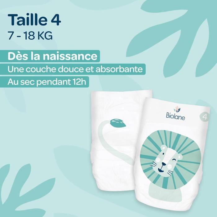 Biolane – Windeln Größe 4 – 7–18 kg – Monatspackung mit 144 Windeln – Hergestellt in Frankreich