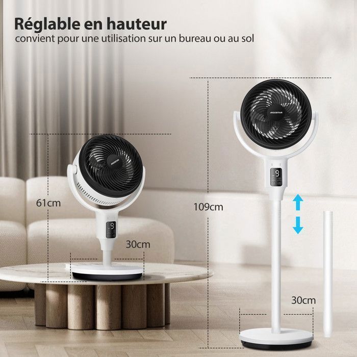 Ventilatore Aigostar per la circolazione dell'aria, 9 velocità, 24 W CC, oscillazione 3D, timer di 9 ore, silenzioso, da tavolo/scrivania.