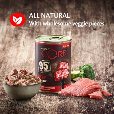 Ração úmida para cães adultos Wellness Core, sabor carne bovina e brócolis, com 95% de proteína única.