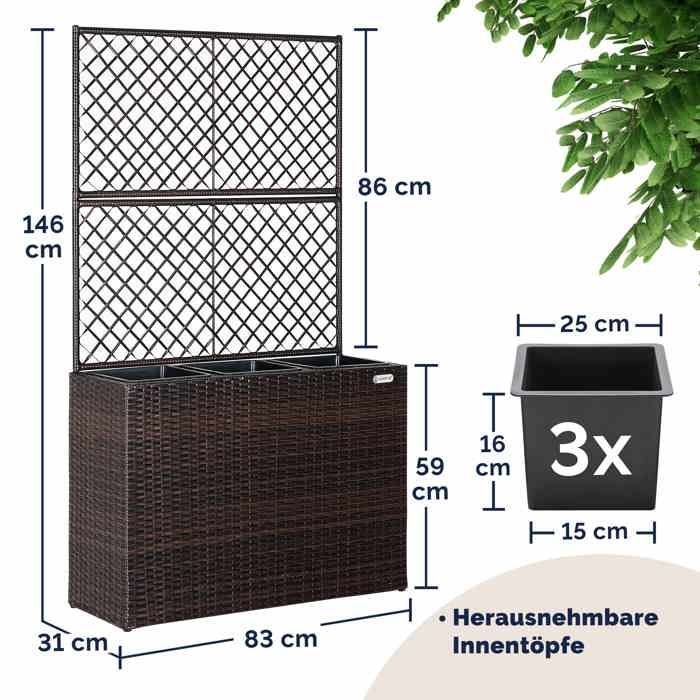 Jardinière en polyrotin avec treillis brun 146 x 83 x 30,5 cm Set de 3 pots de fleurs pour jardin maison balcon