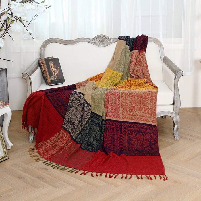 Manta y cubrecama grande de algodón, manta para sofá de color natural, manta individual (rojo, 220 * 260 cm)