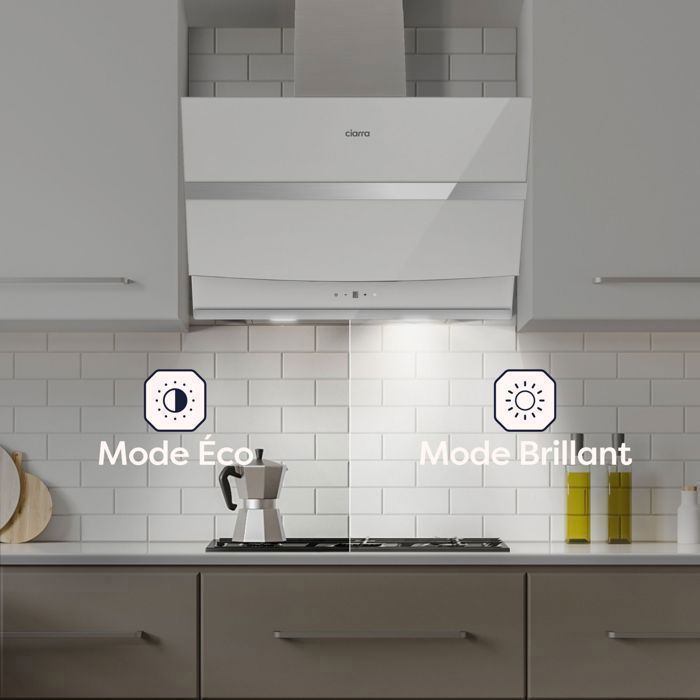 Campana extractora angular CIARRA de 60 cm, A+++, 650 m³/h, WiFi, 4 velocidades, control táctil, 58 dB – Recirculación o extracción + parada retardada - Blanca