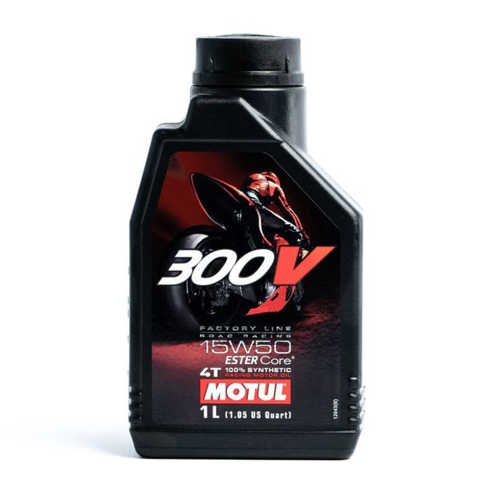 Un litro de aceite sintético para motocicletas Motul 15W50 300V 4T para competición.