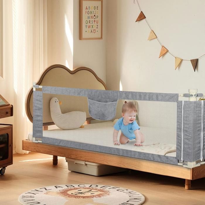 Barandilla para cuna - MIPAN - Barrera de seguridad para cama infantil - Barrera de protección para cama infantil - Altura ajustable - 145 cm - Gris