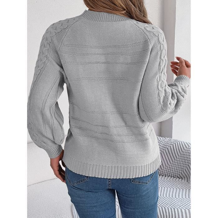 Pull Femme En Tricot Automne Hiver Manches Longues Casual Pullover Hauts Lâche Col Rond Couleur Unie Confortable - Gris
