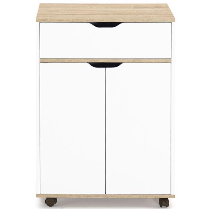 IDMARKET Desserte de cuisine COSY placard avec tiroir bois blanc et plateaux façon hêtre L.60 CM