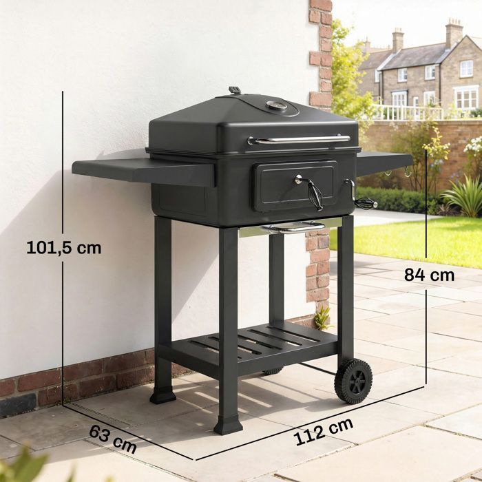 Barbecue charbon de bois - Outsunny - avec couvercle, bac à charbon et évents réglables 600°C thermomètre - métal - 112cm - noir