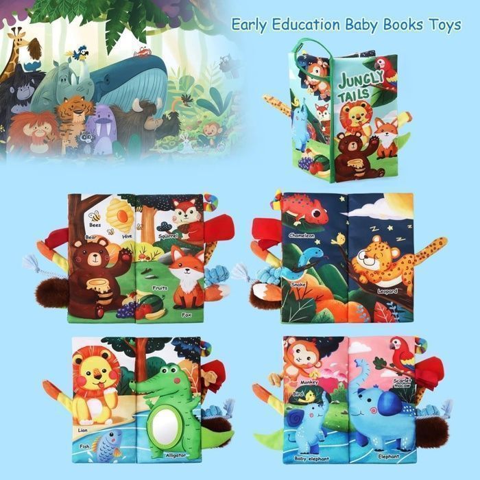 Jeux Montessori Bebe Eveil 0-12 Mois, Jouets Livre Tissu Sensoriels Animaux, avec Miroir, (Monde de la Jungle)