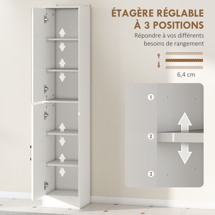 Badezimmerschrank (Säule) – Kleankin – 6 Ablagen – Spiegeltür, verstellbare Einlegeböden – Spanplatte – 32 x 28 x 162 cm – weiß