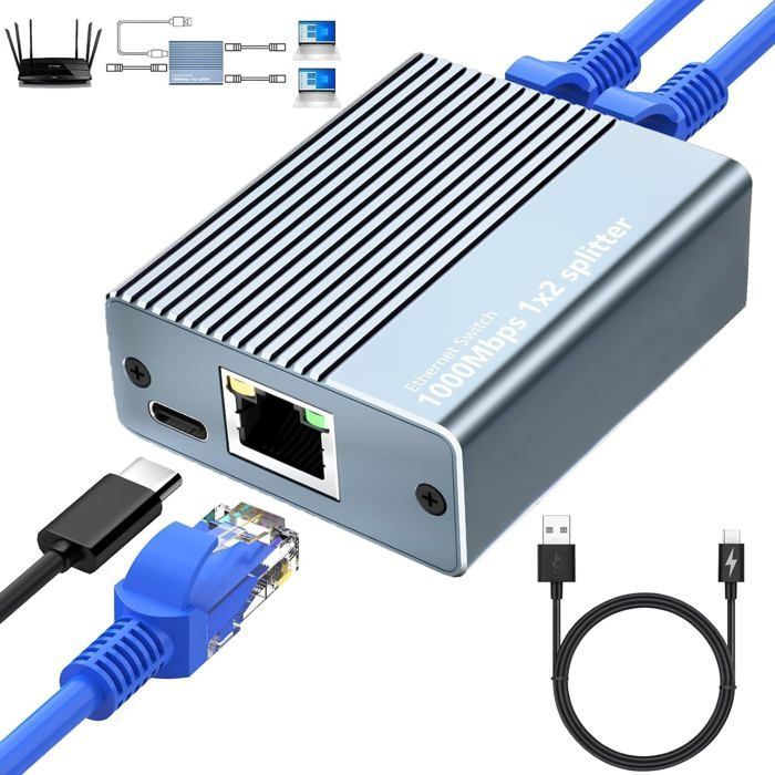 Switch Ethernet 1 À 2, 2 Ports Switch Rj45 Ethernet Splitter Network Switch Ethernet Répartiteur Gigabit Ethernet Pour Les Ordin