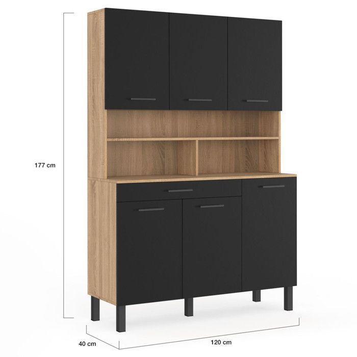 IDMARKET Buffet de cuisine 120 CM CINA 6 portes + tiroir façon hêtre et noir