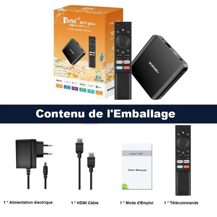 Boîte TV Android TV98 Plus, OUTUOTWQ Android 14 TV Box 2 GB RAM 16 GB ROM WiFi 2.4G/5G HDR10+ Video 4K Compatible Netflix YouTube
