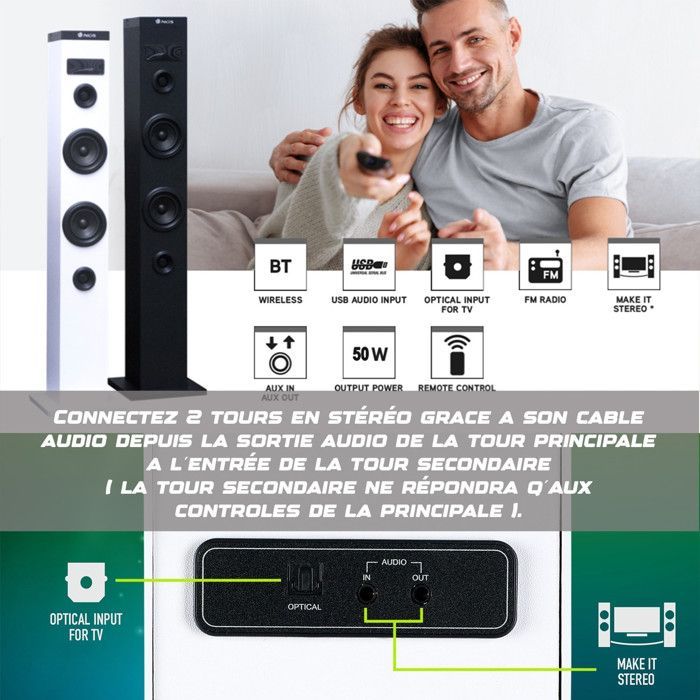 NGS SKYCHARM 50W Bluetooth-torenluidspreker met telefoon, optische ingang, USB, FM-radio en AUX-ingang (wit) + 32GB USB-flashdrive