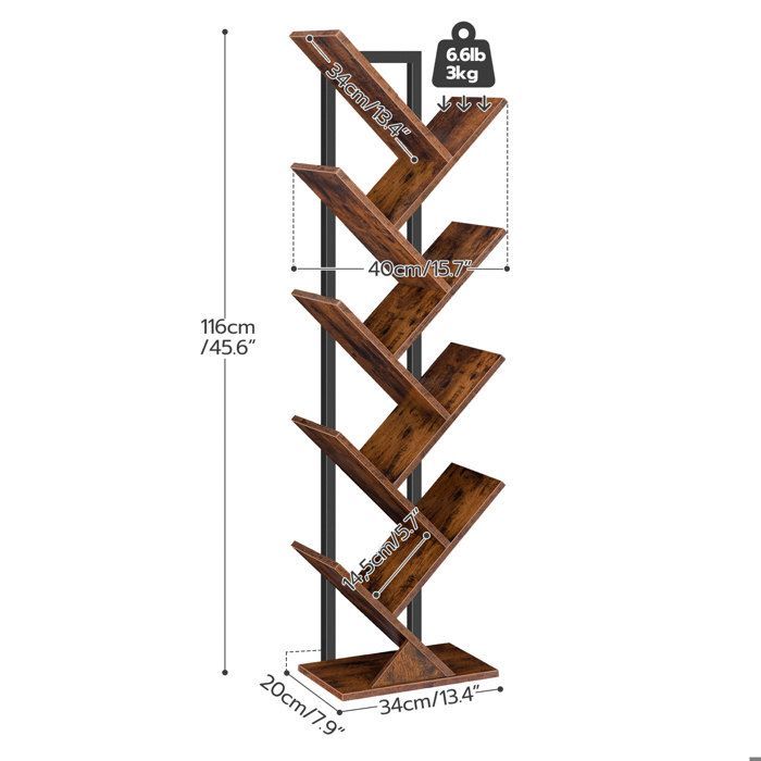 HOOBRO Bookshelf, 9-Tier Shelf, Freestanding Bookshelf, Tree-Shaped Storage Unit, Desk, Decorative Shelf