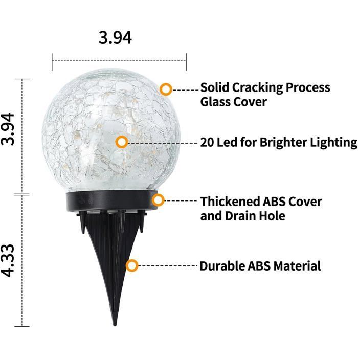 Luces solares exteriores impermeables - 0,5 W IP44 - Esferas solares para jardín, esferas de vidrio agrietado - 10 cm