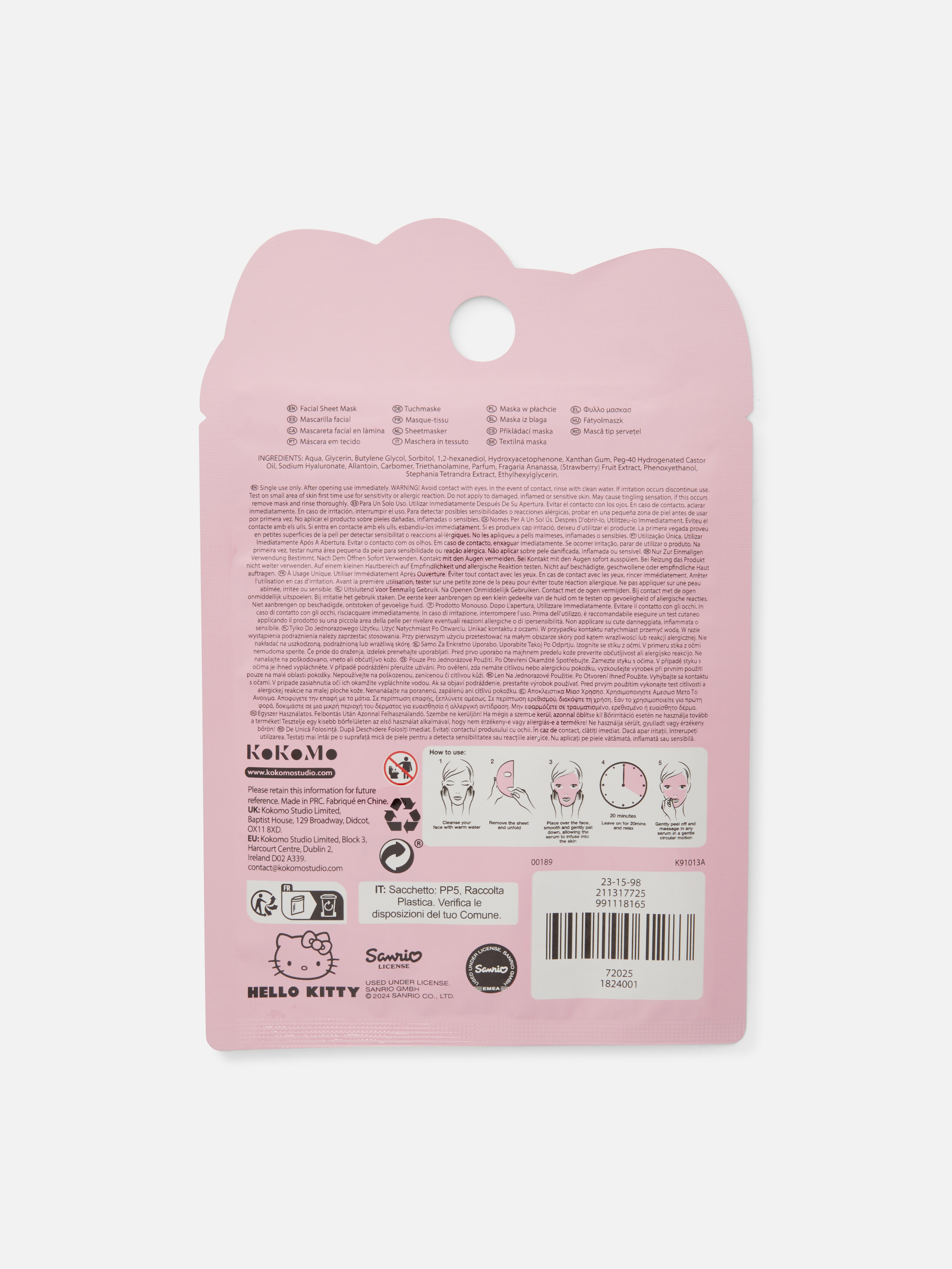 Mască textilă Hello Kitty O mască textilă hidratantă cu parfum de căpșuni, cu Hello Kitty