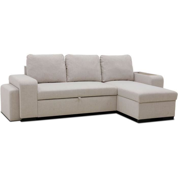 VALDO 3-4-zits omkeerbare hoekbank met slaapfunctie - Beige stof - Tablet met USB-poort - Opbergruimte + poef - B247xD143xH86 cm