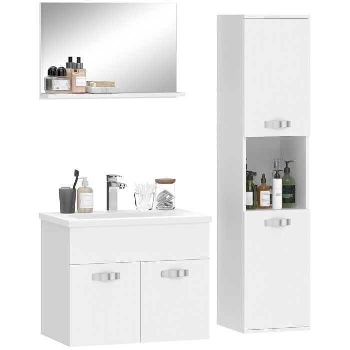 Ensemble de Meubles de Salle de Bain - kleankin - 4 Pièces - Mural - Miroir, Meuble sous Vasque, Lavabo et Armoire Haute - Blanc