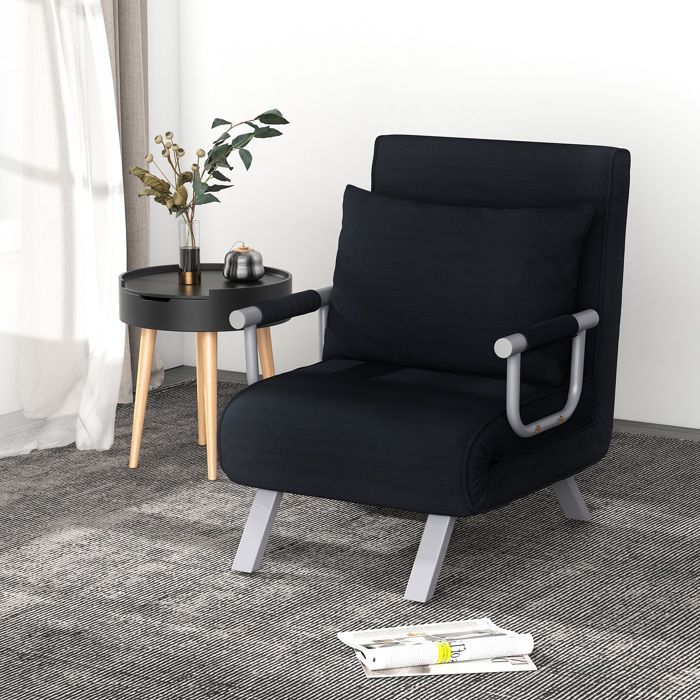 Sillón/sofá cama convertible - HOMCOM - 1 plaza con funda extraíble para máximo confort - metal efecto ante - negro