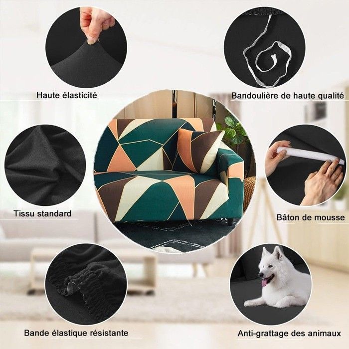 Housse de Canapé Extensible - Vert - 3 Places - Motifs Géométriques - Antidérapant