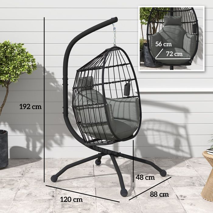 Silla colgante tipo huevo - Outsunny - interior y exterior - cesta plegable - cojín acolchado - estructura de acero - gris oscuro