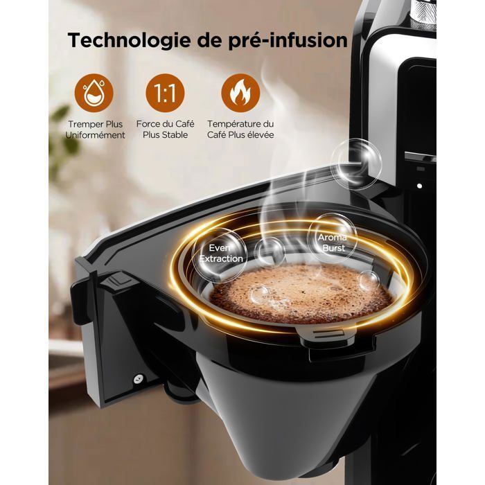 Macchina da caffè Aigostar con macinacaffè integrato, 1400 W - Macchina per caffè filtro, 1,5 l (12 tazze) - 7 impostazioni di macinatura e 3 livelli di intensità - Programmabile 24 ore su 24