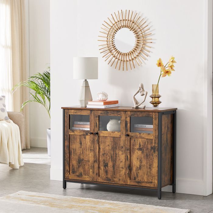 VASAGLE Opbergkast, dressoir, met 3-deurs kast, stalen frame, industriële stijl, rustiek bruin en inktzwart