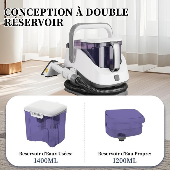 Limpiador a vapor y quitamanchas de 800 W - Depósito de 1,2 L/1,4 L - Manguera de 2 m / Cable de 5 m - Limpiador de sofás de tela, blanco