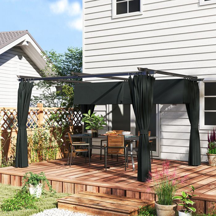 Pérgola retrátil - Outsunny - 4 x 3 m - com cortina e teto deslizante - Alumínio, metal, poliéster 180 g/m² - Cinza escuro