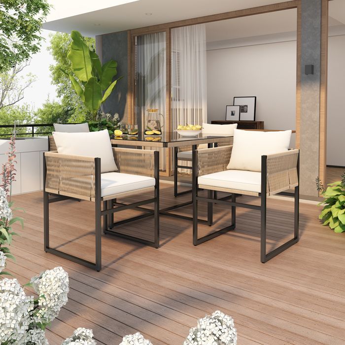 Conjunto de comedor de jardín de 5 piezas: mesa de 110x110x74 cm y sillas apilables.