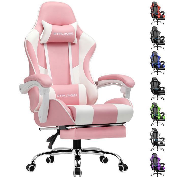 Silla gaming con reposapiés, cojín de masaje lumbar, silla de oficina ergonómica con reposabrazos sincronizados (rosa)