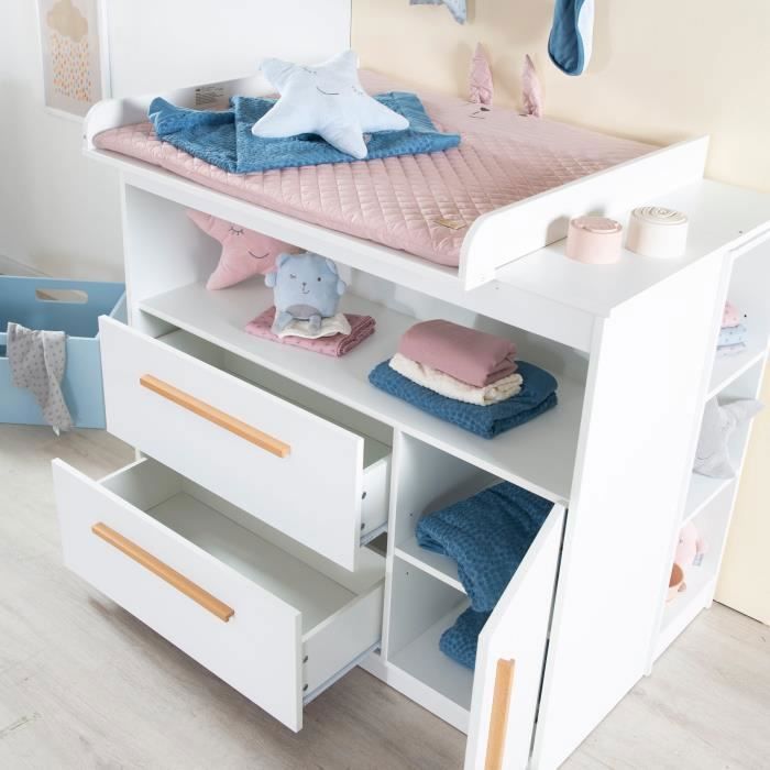 Cambiador ROBA Lilo - 2 cajones - 1 puerta - 1 compartimento - Cambiador con tapa extraíble - Blanco