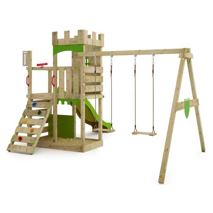 Torre de madeira FATMOOSE BoldBaron XXL com balanço duplo, escorregador verde-maçã de 220 cm e parede de escalada – 10 anos de garantia*