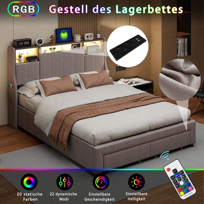 Letto matrimoniale 160 x 200 cm, letto per adulti 160x200 cm con 2 cassetti, con illuminazione a LED, struttura letto, testiera con contenitore, materiale in lino, grigio