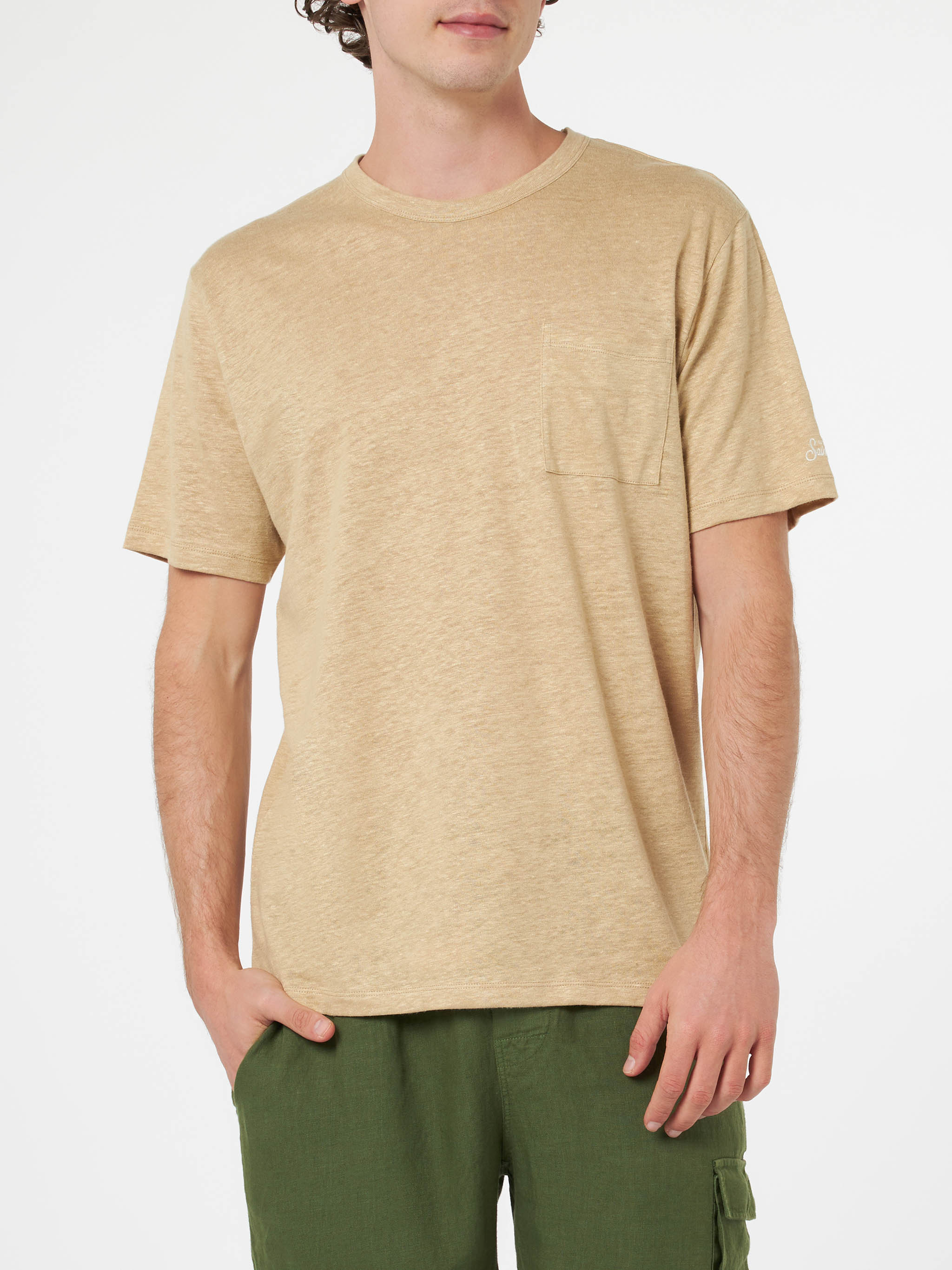 Ecstasea Herre Beige Hørjersey T-shirt med Lomme