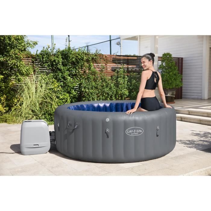 Spa hinchable BESTWAY - Lay-Z-Spa Santorini - Capacidad para 5 a 7 personas - Redondo (Incluye 5 reposacabezas acolchados + 2 luces LED de agua ColorJet)