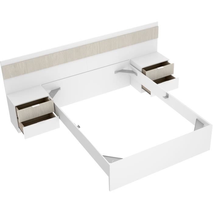 Cama adulta con mesillas de noche integradas - BIANCA - 160 x 200 cm - Blanco / Madera