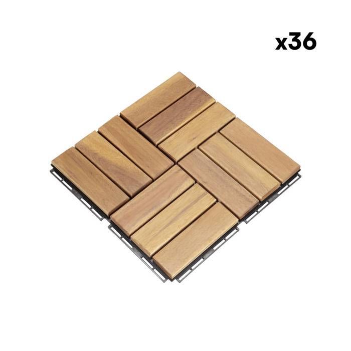 Set di 36 piastrelle per terrazza in legno di acacia, 30x30 cm, con motivo quadrato. Si assemblano a incastro.