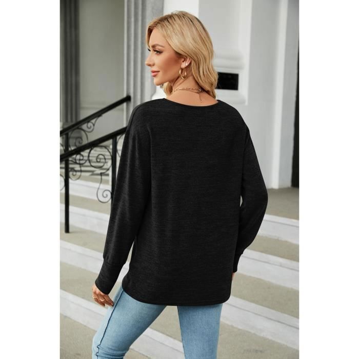 Pull Femme Col V Manches Longues Couleur Unie Pullover Lâche Confortable Pour Printemps Et Automne - Taille EU - Noir