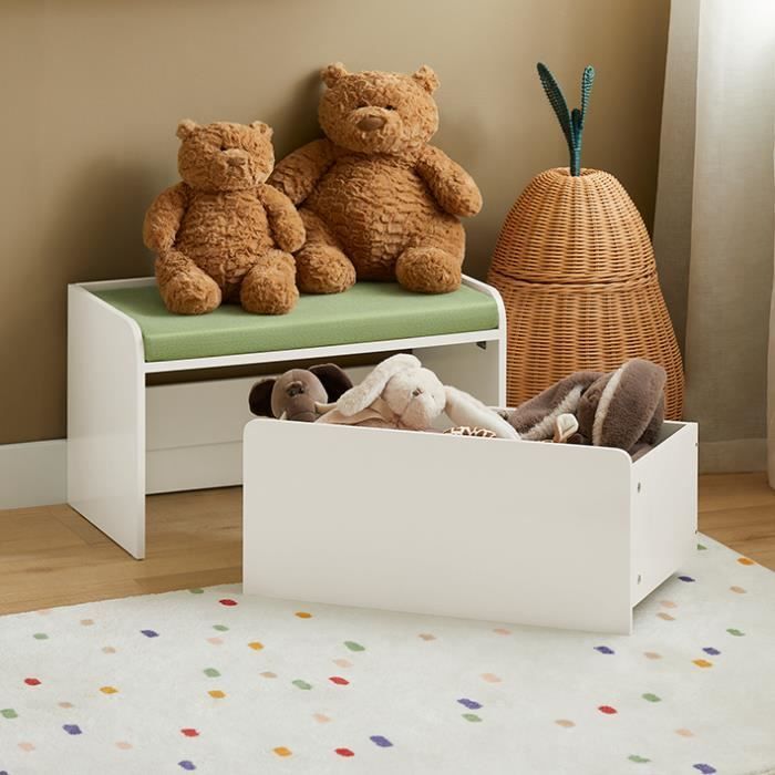 Cassapanca portagiochi SoBuy KMB80-W - 1 cassetto con ruote e sedile imbottito per bambini - Bianca - 60x34x35 cm