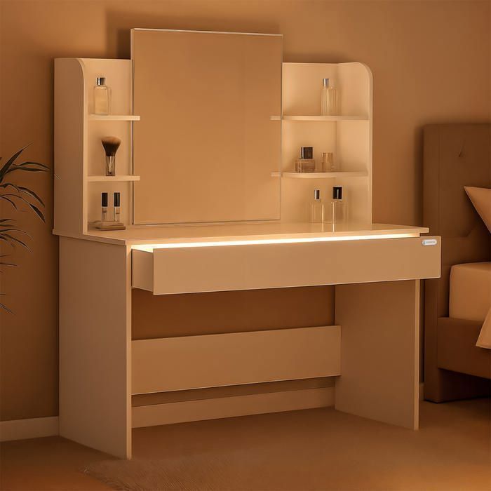 Casaria Coiffeuse Lucia Blanc tiroir LED table de maquillage miroir chambre dressing rangement tioir 3 compartiments