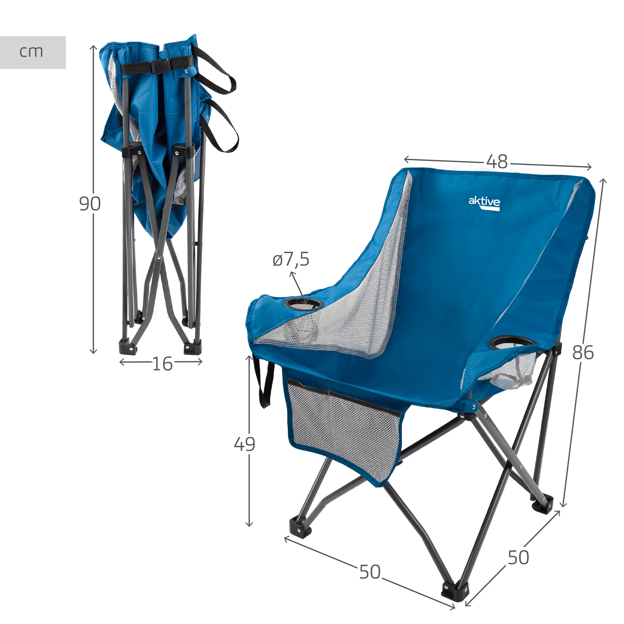 Aktive Blue tippskyddande hopfällbar campingstol med mugghållare och ficka