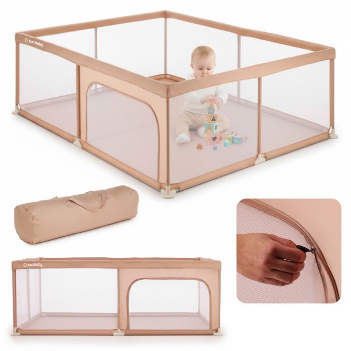 Sun Baby - Playpen 150x200 cm - 0-2 years Salmon - Zipped entrance, non-slip feet, carry bag, metal frame